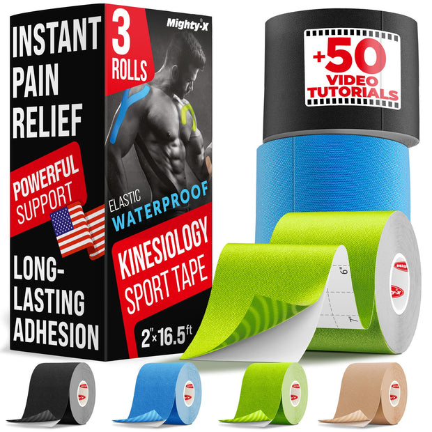 Waterproof Kinesiology Tape - 3 Rolls - Knee Support & Muscle Pain Relief - 16.4 ft Uncut Sports Kinetic Tape for Joint Stability - 50 Instructional Videos