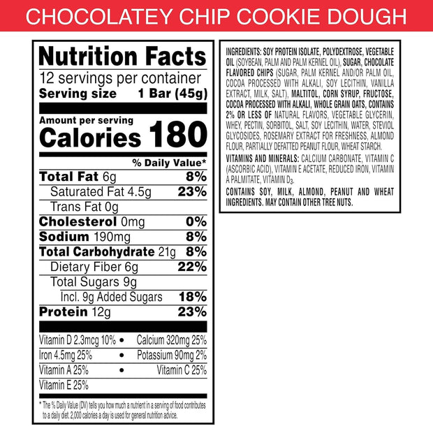 Special K Bar Protein Meal Bars, 12g Protein Snacks, Meal Replacement, Chocolatey Chip Cookie Dough, 19oz Box (12 Count)