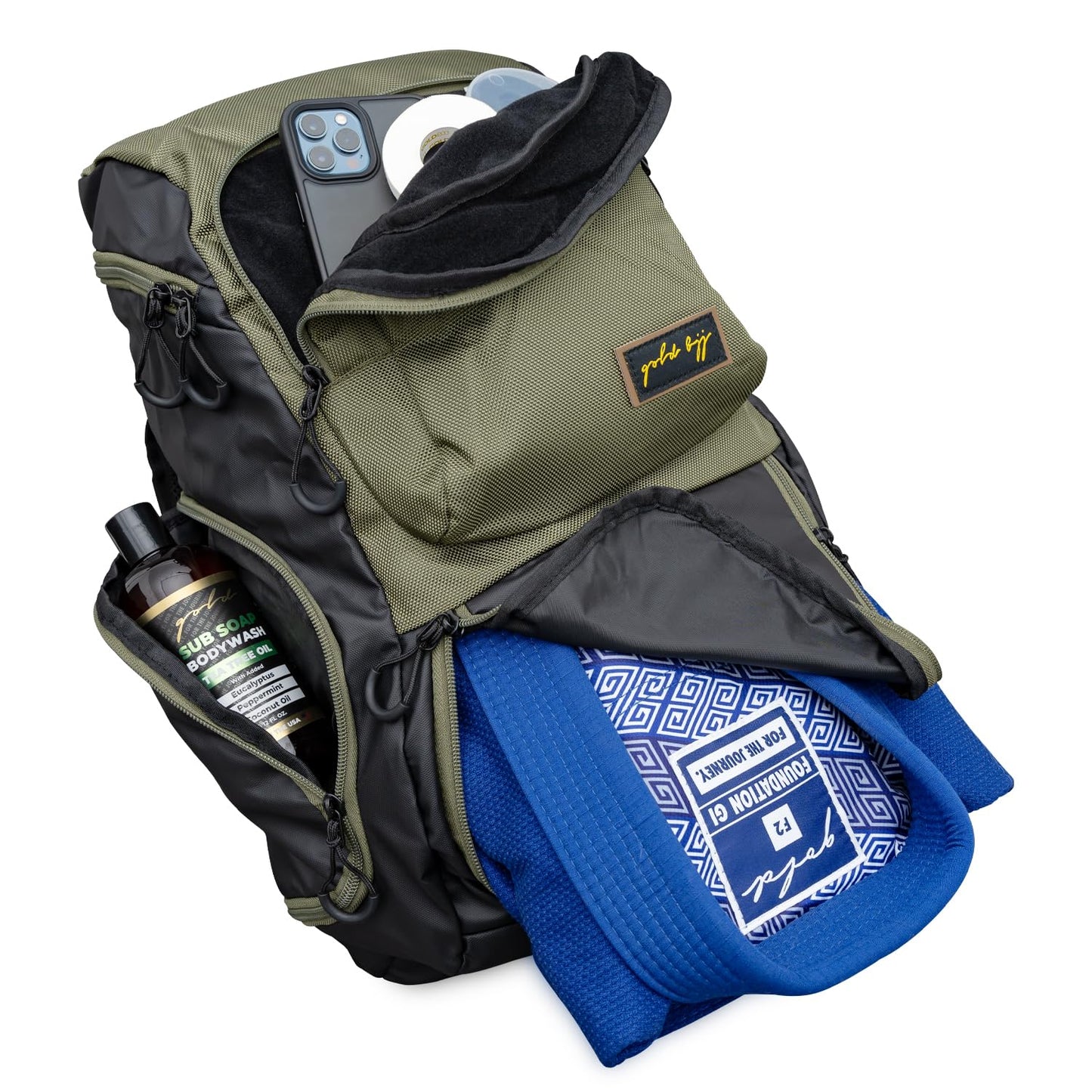 Gold BJJ Jiu Jitsu Backpack - Heavy Duty Gym Bag with Waterproof Gi Pocket