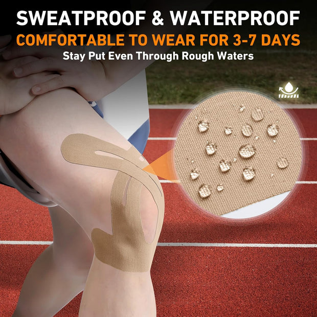 PreCut Kinesiology Tape for Knees, 12 PCS Waterproof KTQUICK Knee Tape for Knee Pain Relief Pre Cut, Original Cotton Athletic Knee Tape, Waterproof & Hypoallergenic Latex-Free for Sports (Black)