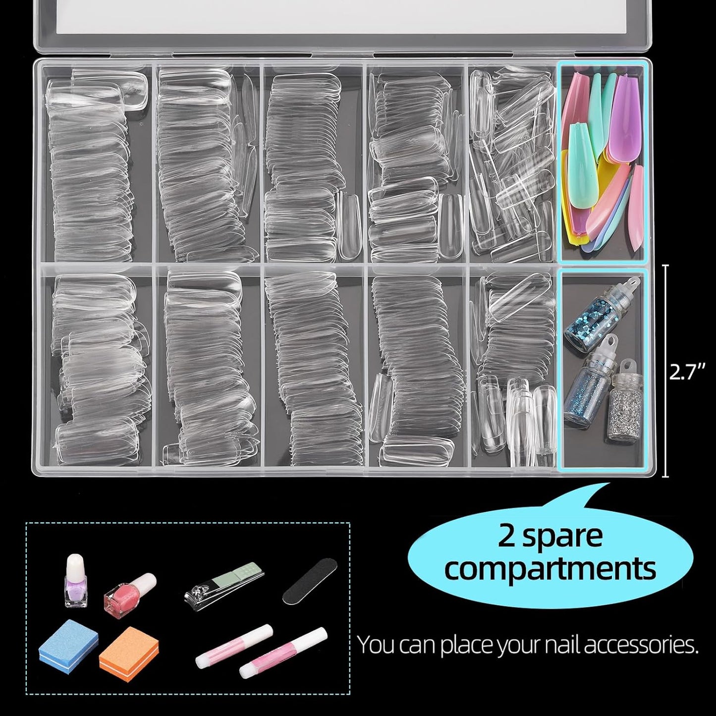 500Pcs Square Nail Tips Full Cover Clear Fake Nail Tips for Acrylic Nails, Size 0~9