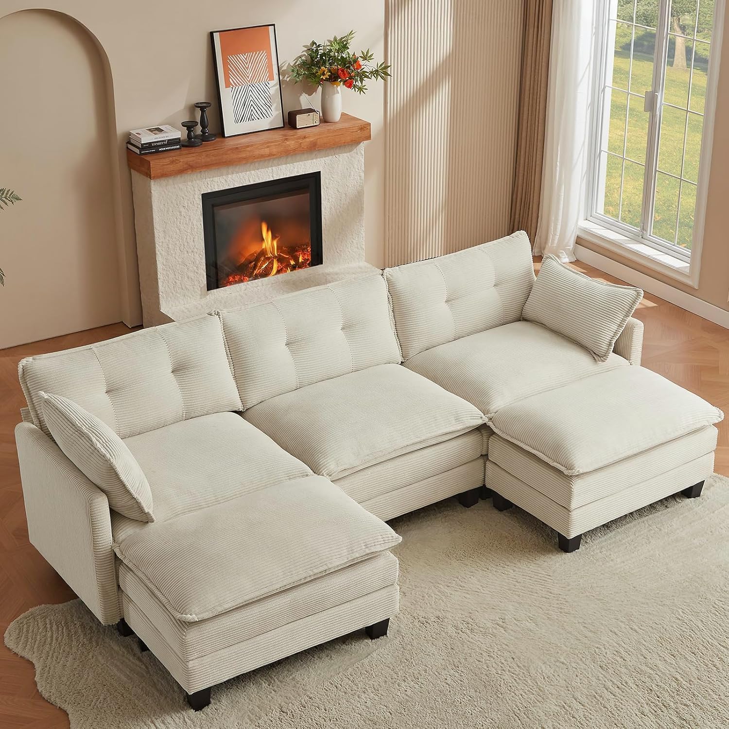 Modular Sectional Sofa, 111.5" U-Shaped Corduroy Comfy Sectional Couches for Living Room, 3-Seater Cloud Couches with 2 Movable Ottomans, Flexible Combination Modern Deep Seat Sofa (Beige)