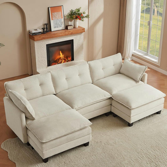 Modular Sectional Sofa, 111.5" U-Shaped Corduroy Comfy Sectional Couches for Living Room, 3-Seater Cloud Couches with 2 Movable Ottomans, Flexible Combination Modern Deep Seat Sofa (Beige)