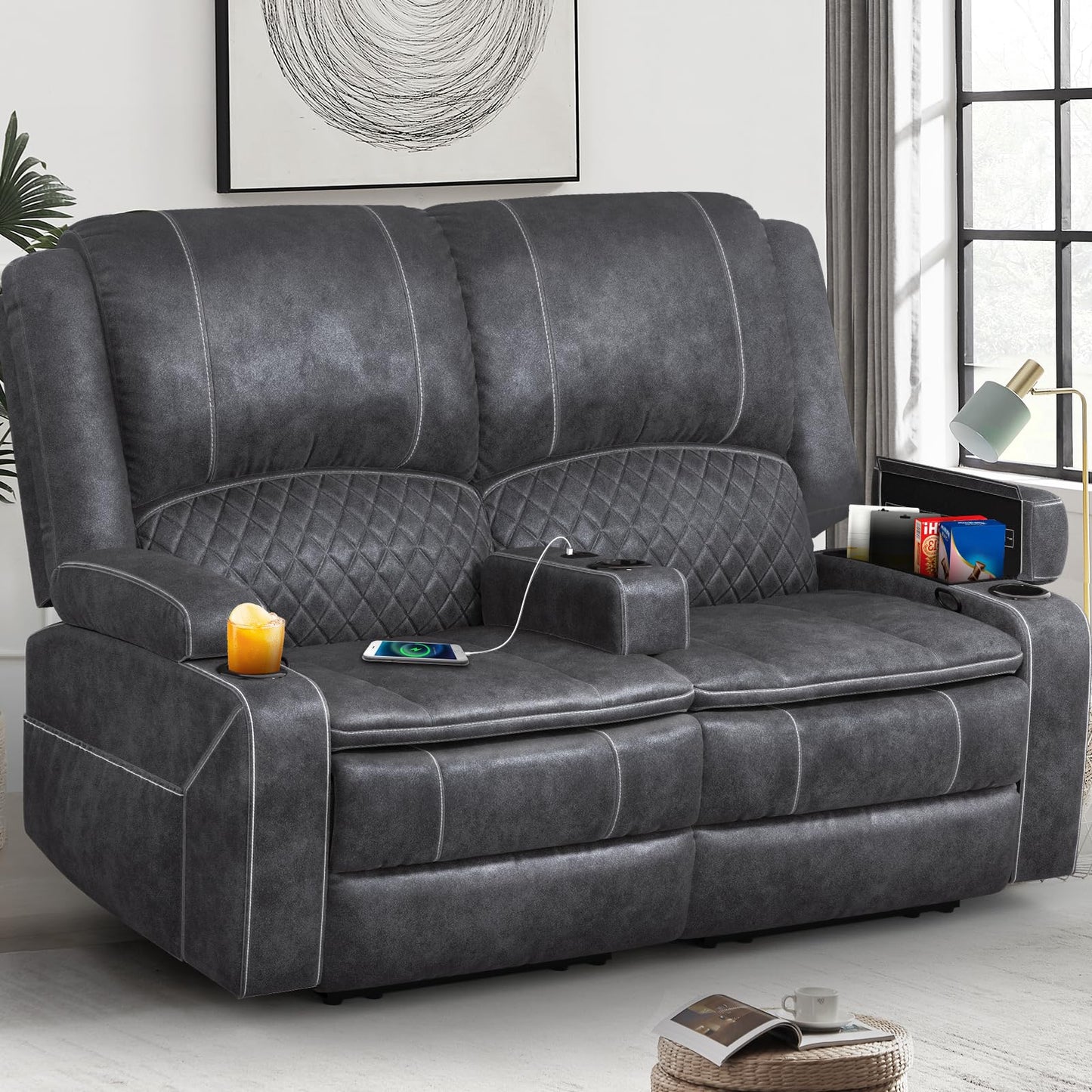 Loveseat Recliner Sofa Set with 2-Tier Cushion, 2+1+1 Pieces in Living Room, 2 Seater Reclining Loveseat Leather with Removable Console, 2 Oversize Recliner Chair Sofa Seat - Grey