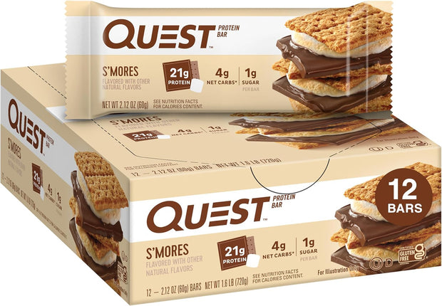Quest Nutrition S'mores Protein Bars, 21g Protein, 1g Sugar, 4g Net Carb, Gluten Free, Keto Friendly, 12 Count