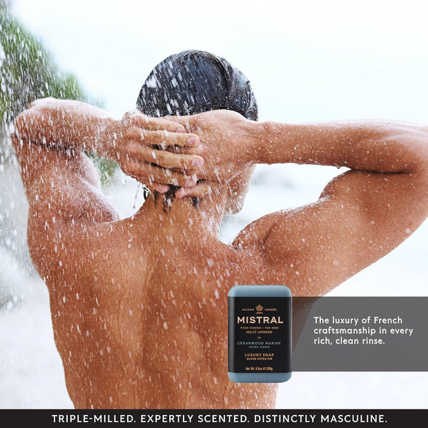 Mistral Cedarwood Marine Luxury Bar Soap for Men | Men’s Natural Soap Bar | Paraben, Phthalates Free | Moisturizing & Triple-Milled Natural Soap for Men - Made in France | Large, 8.8 oz