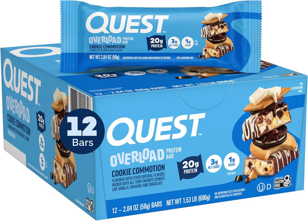 Quest Nutrition Overload Protein Bars, Cookie Commotion, 20g Protein, 1g Sugar, 3g Net Carbs, Gluten Free, 12 Count