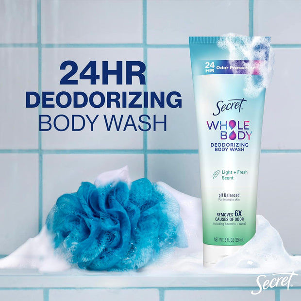 Secret Feminine Wash, 24 HR Deodorizing Feminine Body Wash for Women, Removes 6x Causes of Odor, PH Balanced, Safe to Use Everywhere, Light & Fresh, 8.0 oz