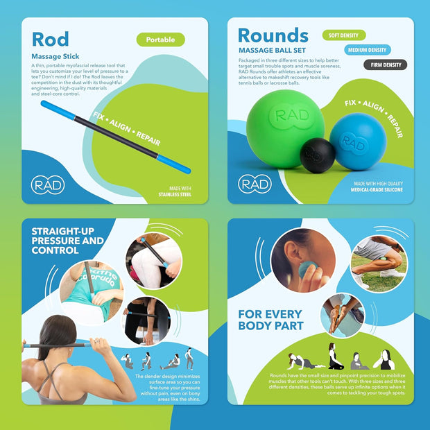 RAD All-in Kit – Foam Roller Set for Whole Body Massage & Myofascial Release – 7-in-1 Kit with Roller Stick, Yoga Block, Massage Balls – Muscle Recovery Tools for Mobility & Flexibility