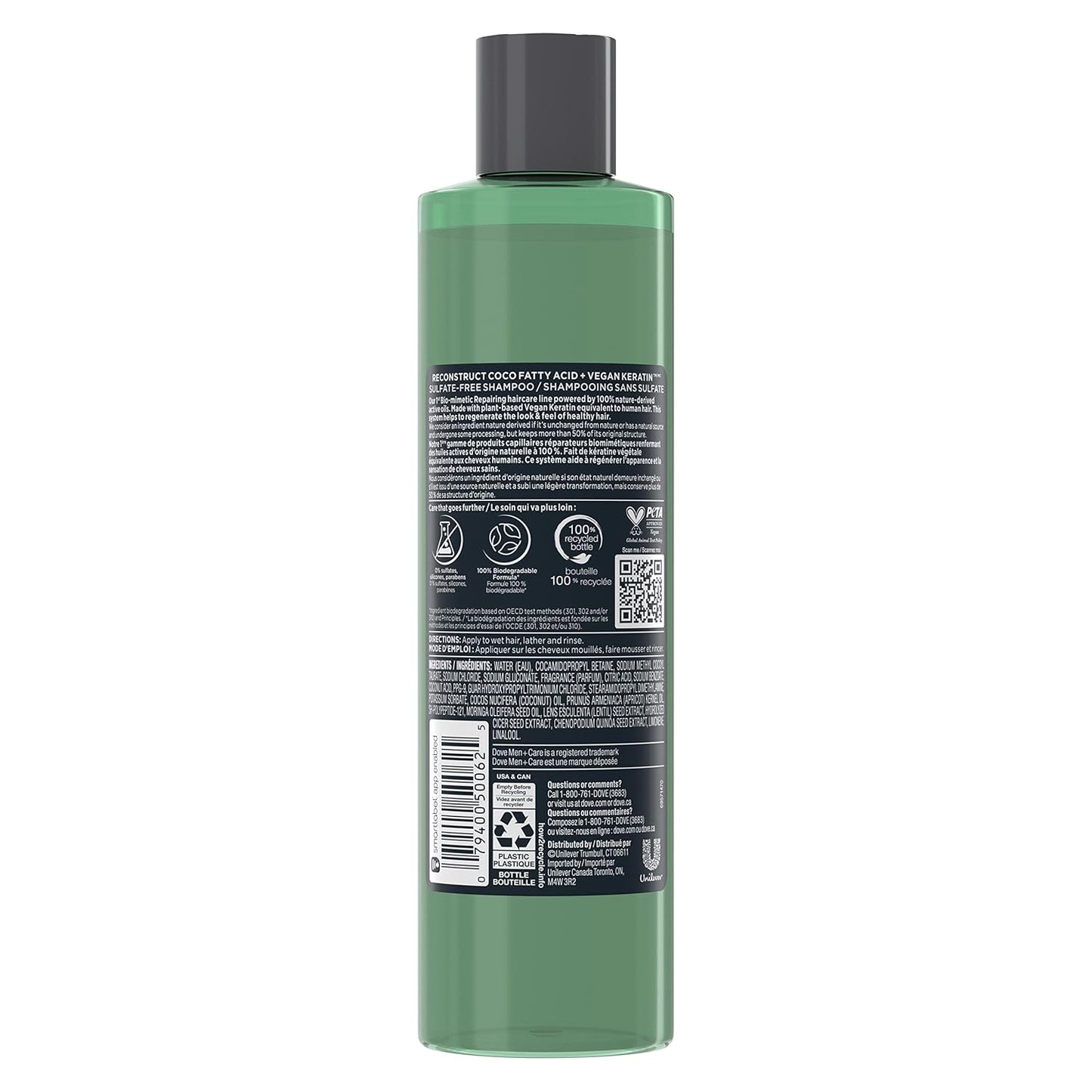 DOVE MEN + CARE Real Bio-Mimetic Care Shampoo For Damaged Hair Reconstruct Sulfate-Free Shampoo With Coco Fatty Acid + Vegan Keratin 10oz