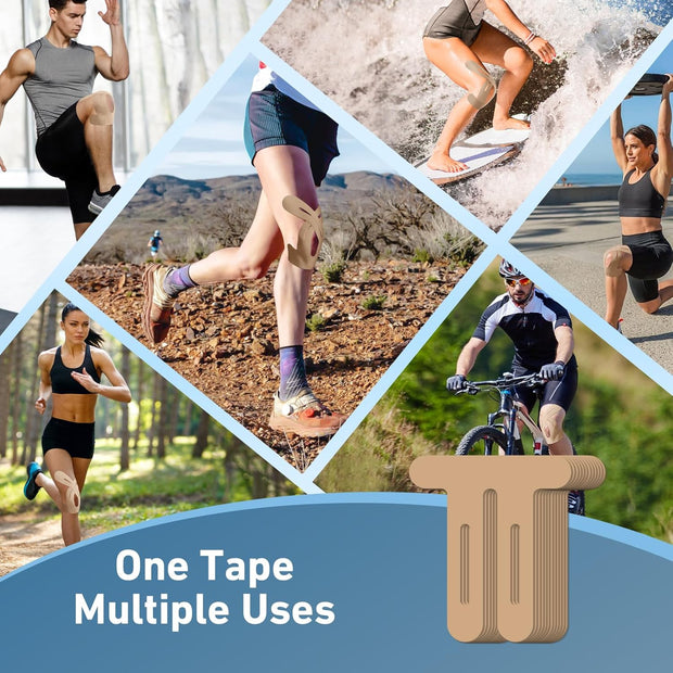 PreCut Kinesiology Tape for Knees, 12 PCS Waterproof KTQUICK Knee Tape for Knee Pain Relief Pre Cut, Original Cotton Athletic Knee Tape, Waterproof & Hypoallergenic Latex-Free for Sports (Black)