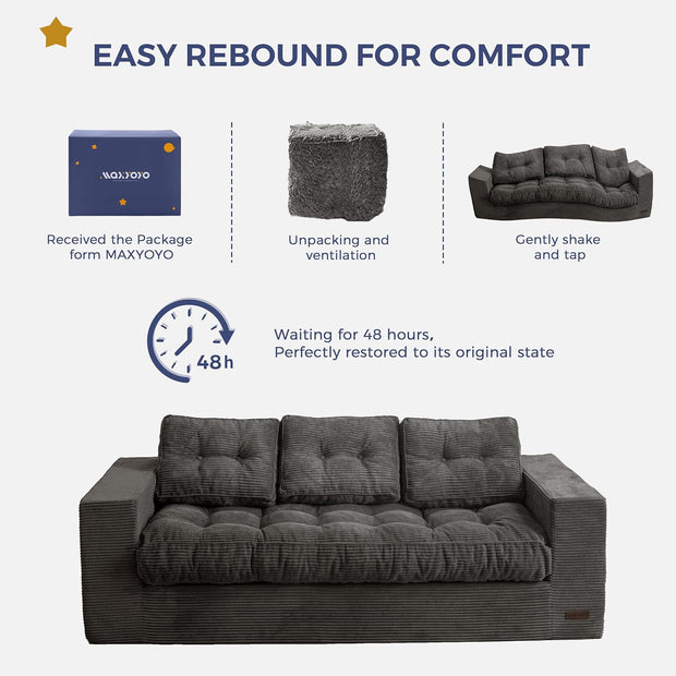 MAXYOYO 3 Seater Couch for Living Room, Boneless Couch with Tufted Cushion & Backrest, Upholstered Floor Sofa with Armrests, Sofa in A Box, No Assembly Required, Dark Grey