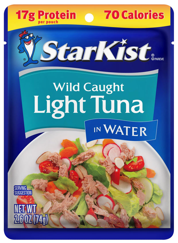 StarKist Chunk Light Tuna in Water, 2.6 oz Pouch (10 Pack) Ready to Eat Wild Caught Tuna, 17g Protein, 70 Calories Per Serving, Gluten Free, Soy Free, Kosher, Perfect for Salads, Keto Meals and Snacks