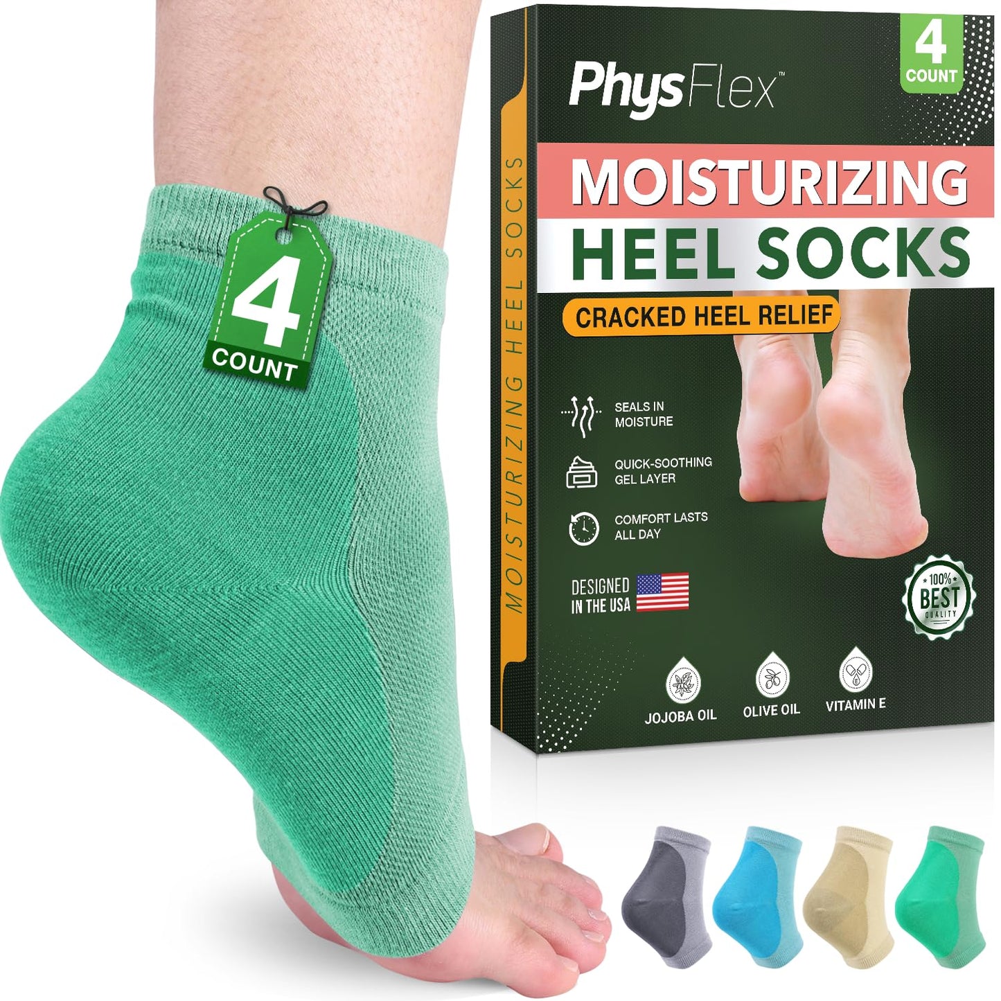 4-Pack Moisturizing Heel Socks for Cracked Heels - Gel Socks for Dry Cracked Feet Repair - Silicone Socks for Women and Men Foot Treatment & Overnight Hydration (Gray)