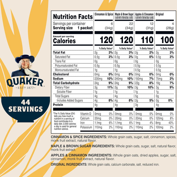 Quaker Instant Oatmeal Lower Sugar, 4 Flavor Variety Pack 44 Count (Pack of 1)