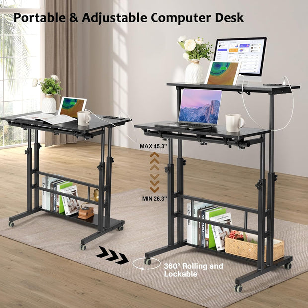 Hadulcet Stand Up/Adjustable Mobile Standing Laptop Desk - Rolling Computer Cart with Wheels & Charging Station, TV Tray, Small Drawing Desk