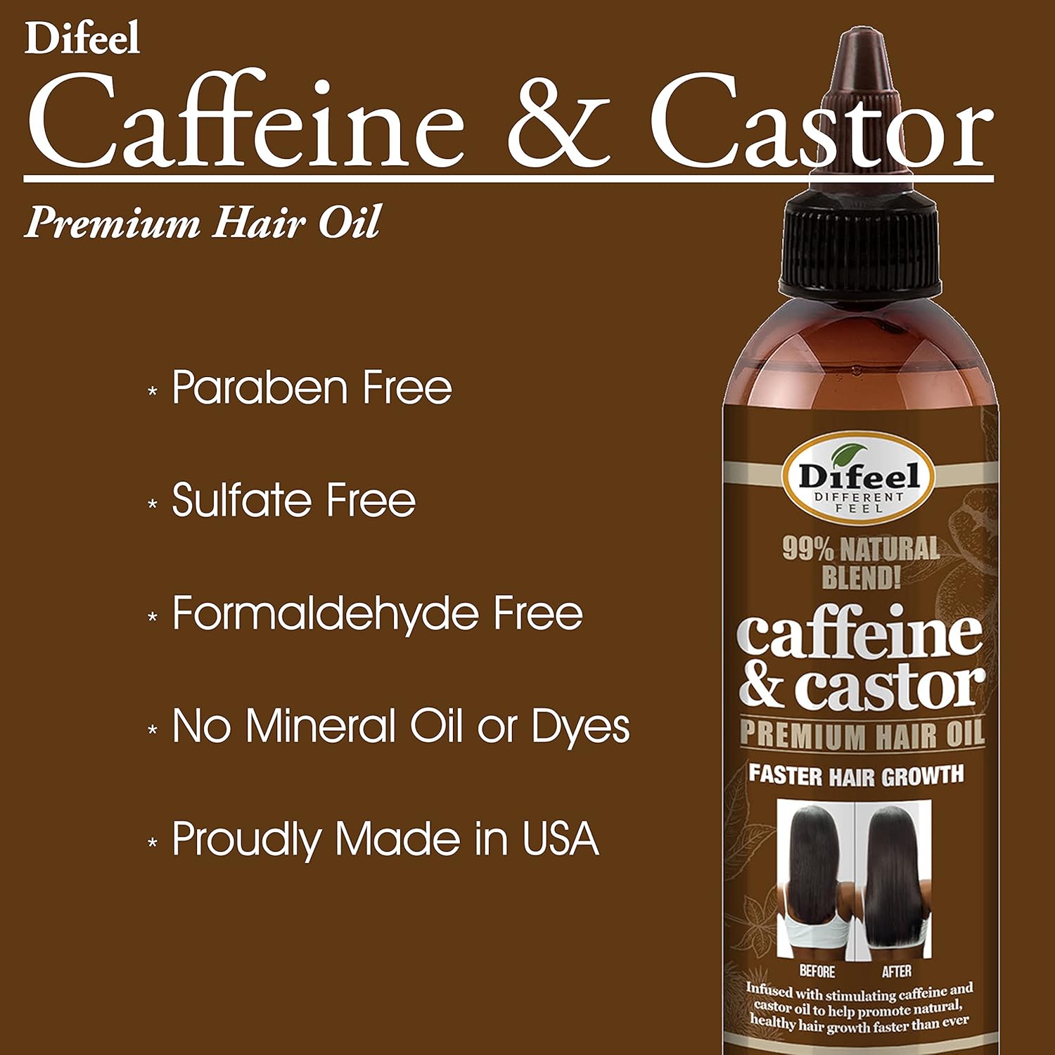 Difeel 99% Natural Premium Hair Oil - Caffeine & Castor Fastest Hair Growth, 8 oz.