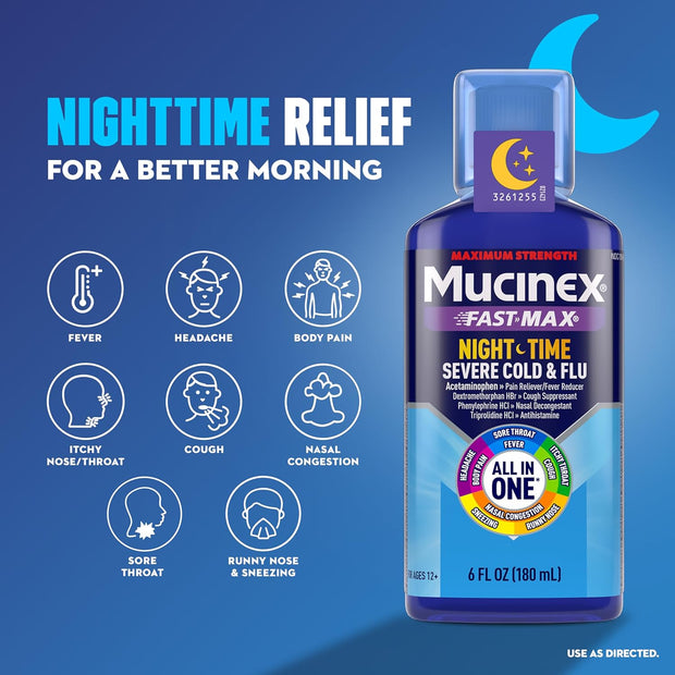 Mucinex Maximum Strength Fast-Max Cold & Flu and Nightshift, All-in-One Multi Symptom Relief Liquid, 6 Fl Oz - 2 Count (Pack of 1)