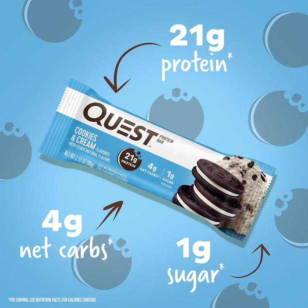 Quest Nutrition Cookies & Cream Protein Bars, 21g Protein, 1g Sugar, 4g Net Carb, High Fiber, Gluten Free, Keto Friendly, 12 Count