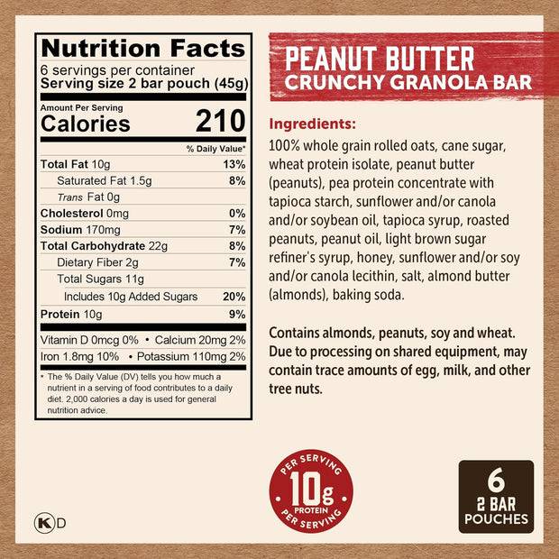 Kodiak Cakes Crunchy Granola Protien Snack Bars, Peanut Butter, High Protein, 100% Whole Grains, 12 boxes with 6 pouches (144 bars)