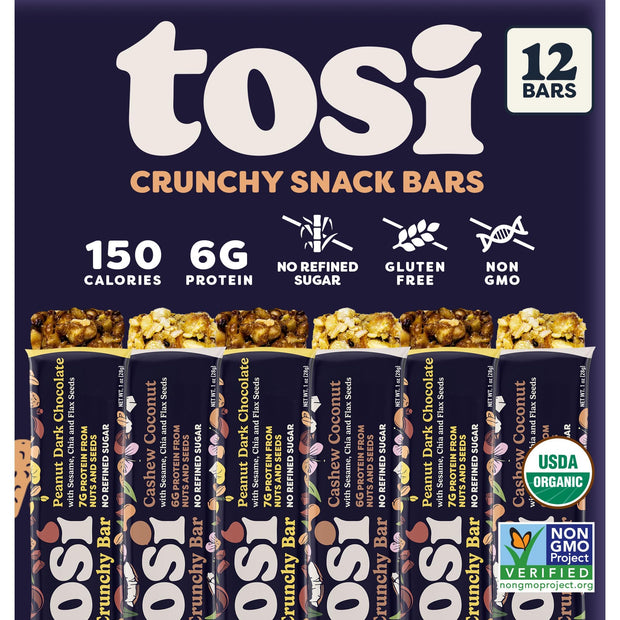 Tosi Cashew Variety Pack Protein Bars, Plant Based with Nuts, Gluten-Free Crunchy Snacks, Vegan, Organic, Flax & Chia Seeds, Soy-Free, Omega 3s, 5G Protein, 1 oz, 12-Pack