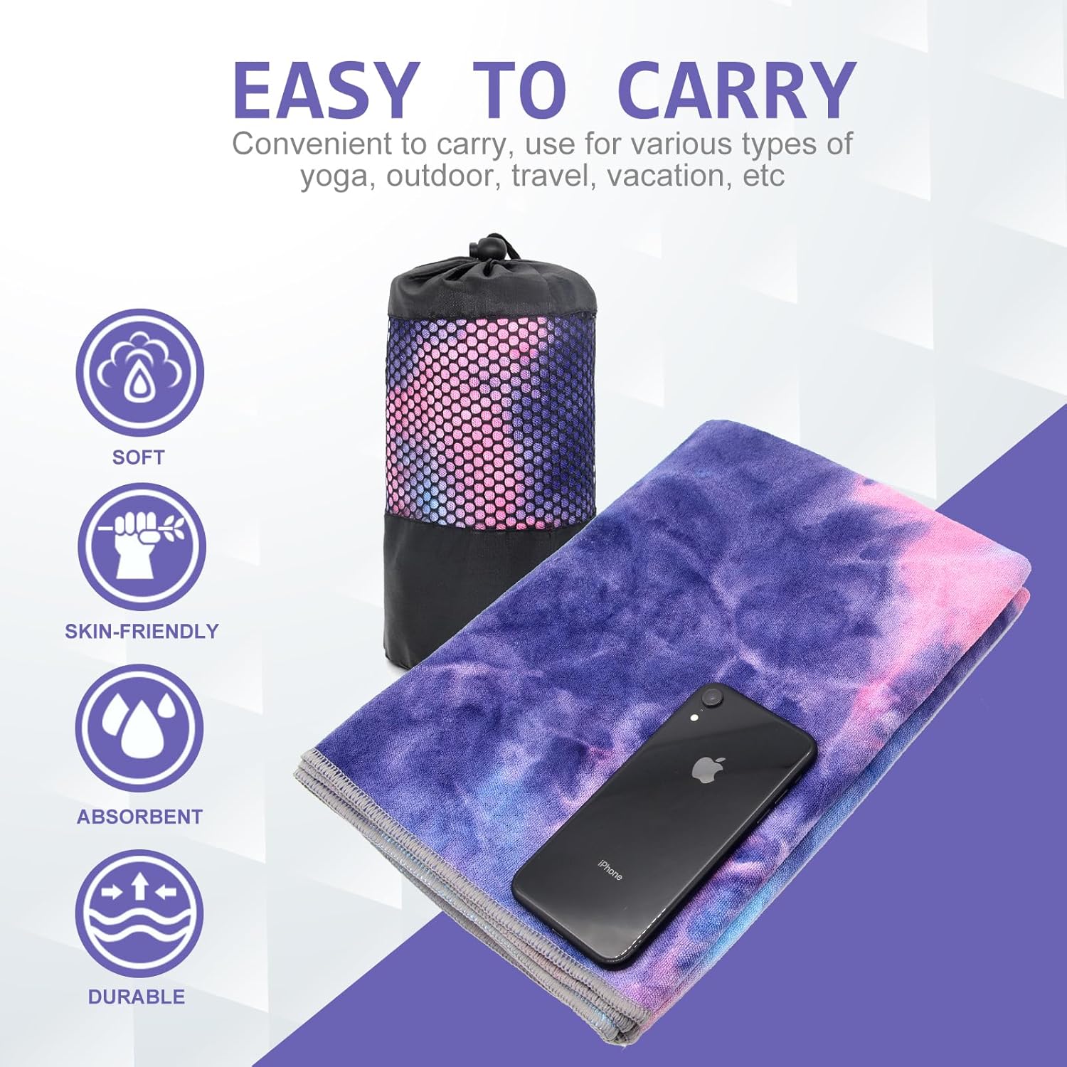 Eunzel Yoga Towel,Hot Yoga Mat Towel with Grip Dots Sweat Absorbent Non-Slip for Hot Yoga, Pilates and Workout 24" x72", Purple & Blue