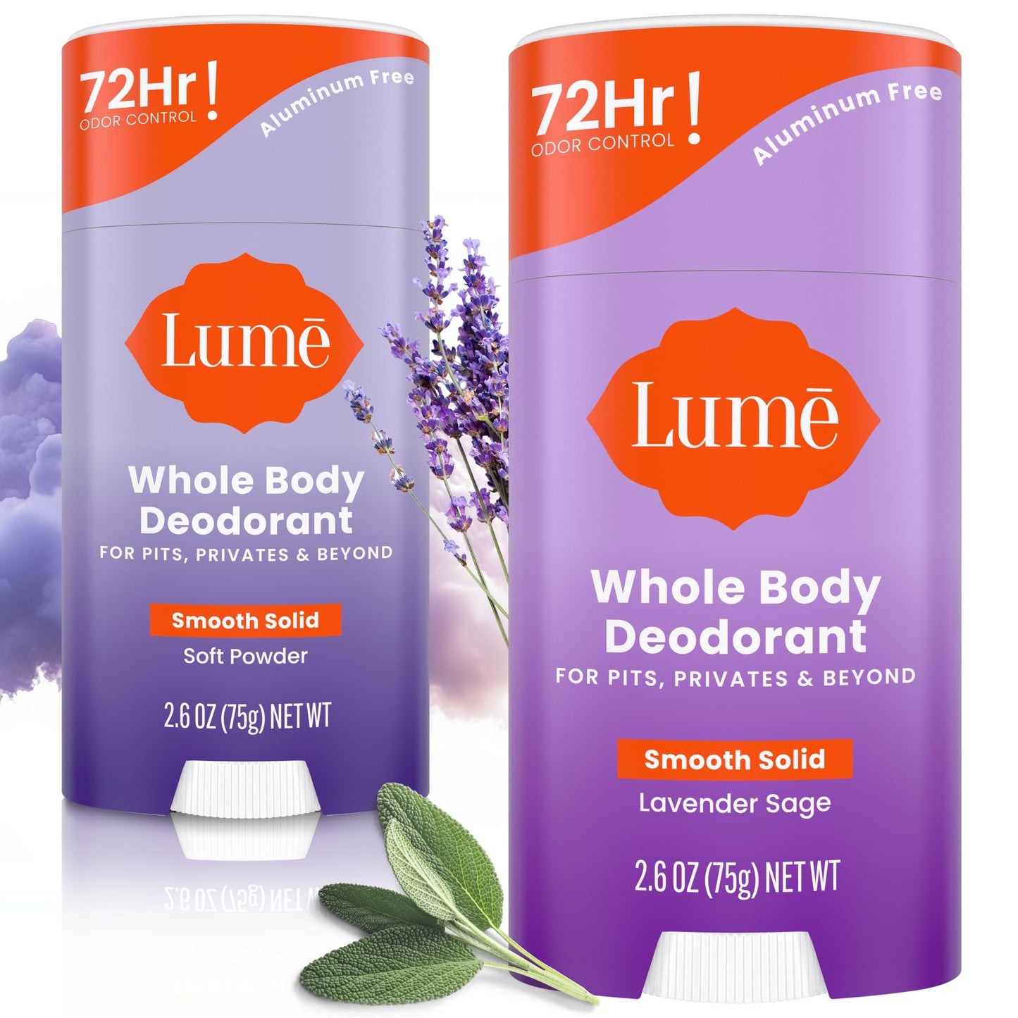 Lume Whole Body Deodorant - Smooth Solid Stick - 72 Hour Odor Control - Aluminum Free, Baking Soda Free and Skin Safe - 2.6 Ounce (Pack of 2) (Soft Powder)