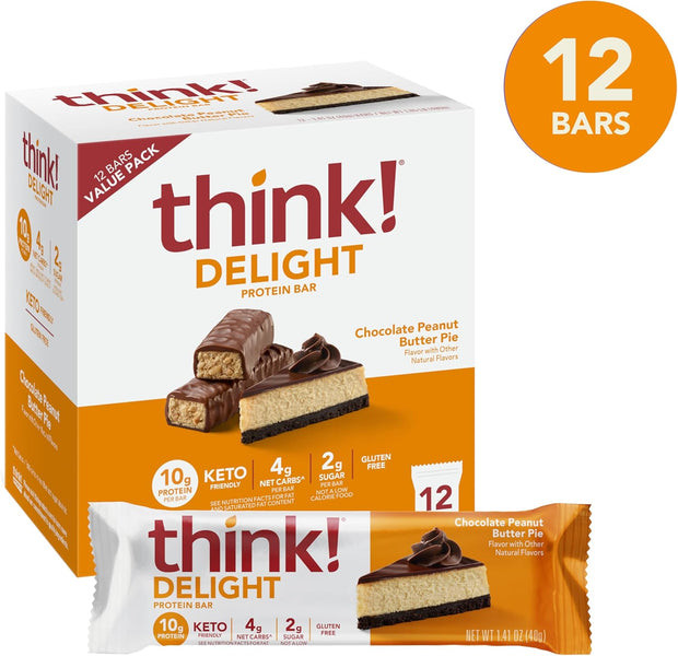 think! Delight Protein Bars, Chocolate Peanut Butter Pie, Low Sugar & Low Carb Gluten-Free Snack, Keto Friendly Snacks, 12 Count (Packaging May Vary)