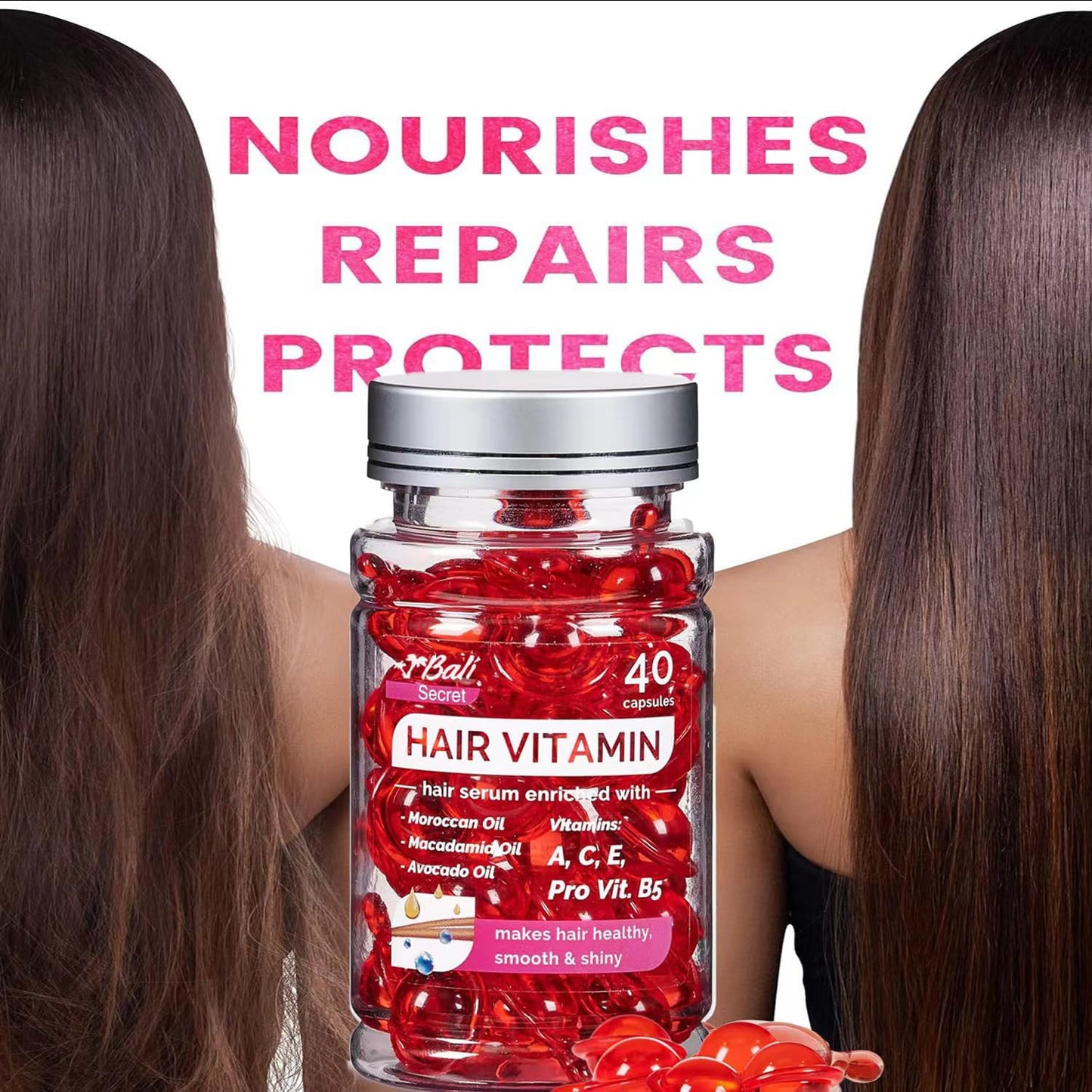 Hussell Hair Treatment Serum Bali Secret - 40 Hair Care Capsules - No Rinse - With Argan Macadamia & Avocado Oils - Vitamins A, E, & Pro B5 - Conditioner for Women & Men