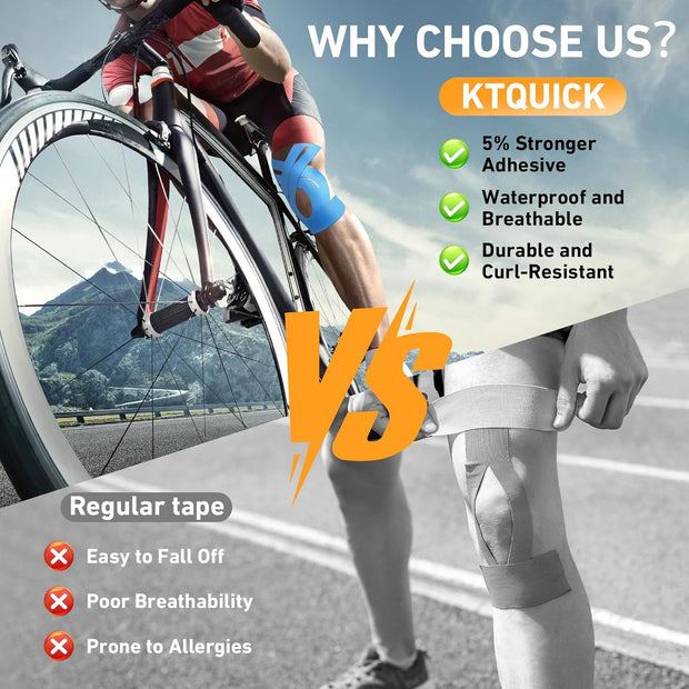 PreCut Kinesiology Tape for Knees, 12 PCS Waterproof KTQUICK Knee Tape for Knee Pain Relief Pre Cut, Original Cotton Athletic Knee Tape, Waterproof & Hypoallergenic Latex-Free for Sports (Black)