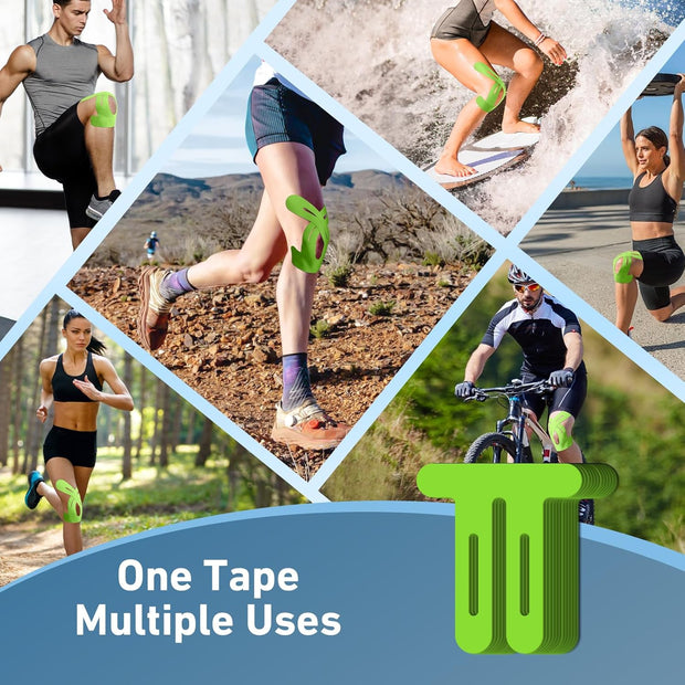 PreCut Kinesiology Tape for Knees, 12 PCS Waterproof KTQUICK Knee Tape for Knee Pain Relief Pre Cut, Original Cotton Athletic Knee Tape, Waterproof & Hypoallergenic Latex-Free for Sports (Black)