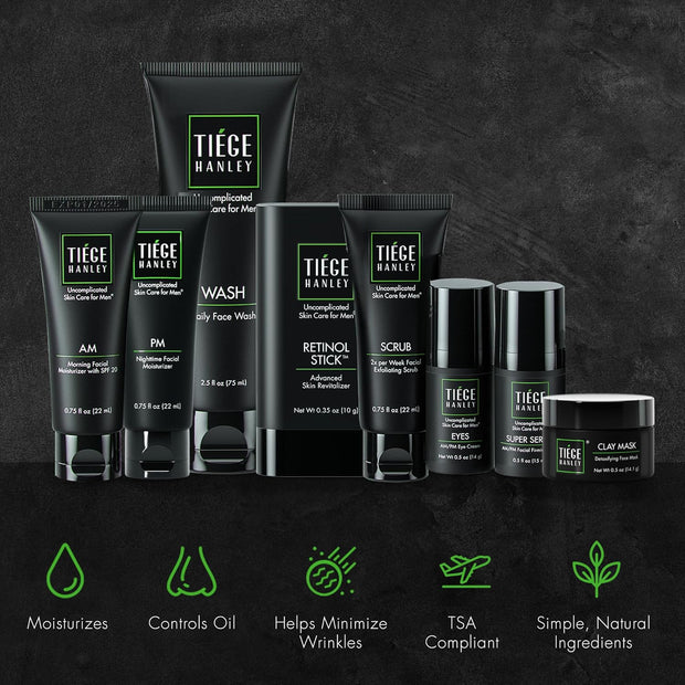 Tiege Hanley Men’s Skin Care Set, Rejuvenation Routine (System Level 5) – Face Wash, Scrub, Moisturizer, Eye Cream, Serum, Clay Mask, Retinol Stick & PM Moisturizer for Anti-aging
