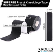 SUPERBE Precut Kinesiology Tape (3 Rolls Pack), Elastic Sports Tape for Pain Relief, Muscle Support, Recovery and Physio Therapy, Breathable, Waterproof (Black)