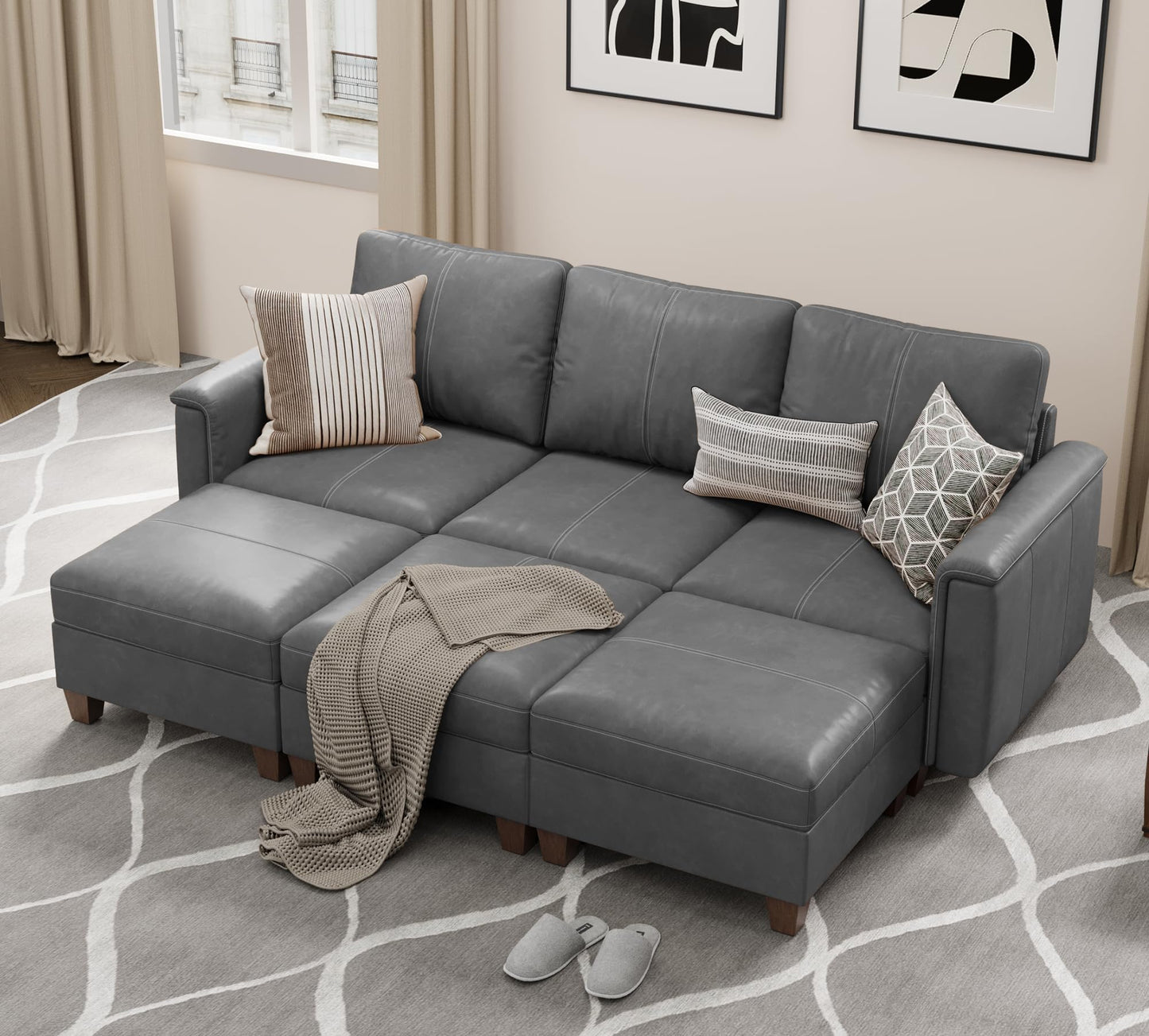 Faux Leather Modular Sectional Couches for Living Room, Modular Convertible U-Shaped Sectioanl Sofa with Storage & Ottoman, Brown