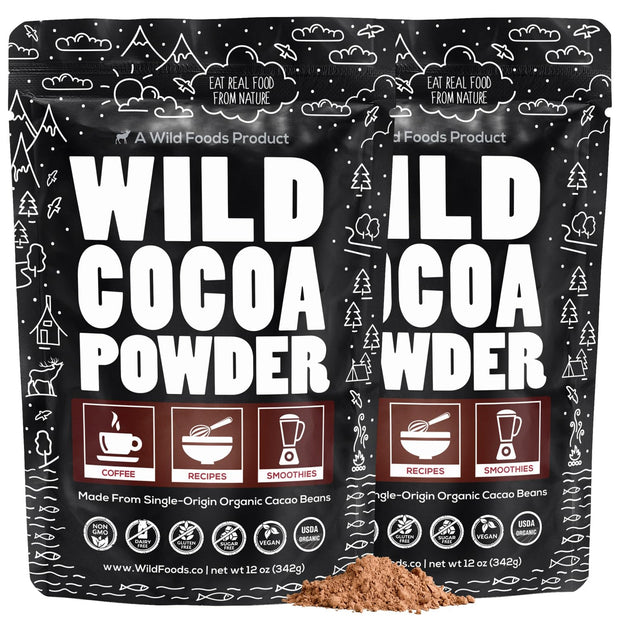 Wild Foods Organic Cocoa Powder | Single Origin Unsweetened Keto Chocolate Powder for Cooking & Baking | 100% Natural Cacao Beans | Sugar Free Non Dutch Raw Superfood | 12 oz