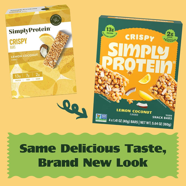 Simply Protein - Lemon Coconut Crispy Bars - Plant Based Protein Bars - Low Carb, Low Sugar, High Fiber - 13g Protein, 2g Sugar, 7g Fiber - Vegan, Gluten Free, Non GMO, Kosher - 24 Bars
