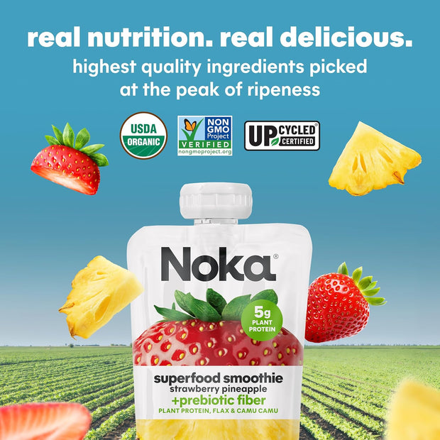 Noka Superfood Smoothie Pouches Variety Pack – Organic Fruit Blends with Plant Protein & Prebiotic Fiber, Wholesome Vegan Snack, 4.22 oz (12 Count)