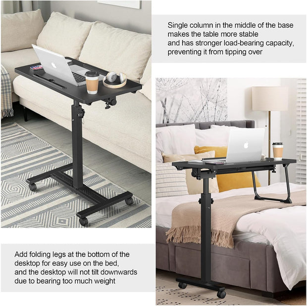 Adjustable Overbed Bedside Table, Hospital Bed Table with Wheels, Portable Rolling Desk, Mobile Small Standing Desk, Rolling Laptop Stand, Computer Cart