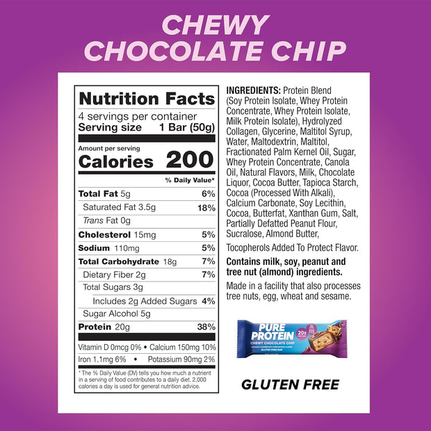 Pure Protein Bars, High Protein, Nutritious Snacks to Support Energy, Low Sugar, Gluten Free, Chewy Chocolate Chip, 1.76oz, Pack of 4