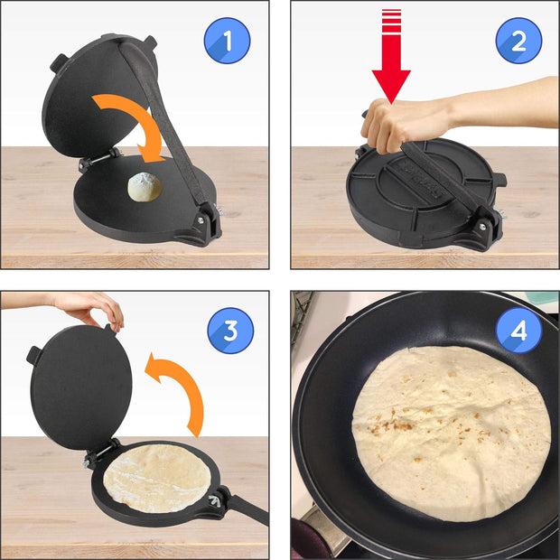 10 Inch Cast Iron Tortilla Press by StarBlue with FREE 100 Pieces Oil Paper and Digital Recipes e-book - Tool to make Indian style Chapati, Flour Tortilla, Roti