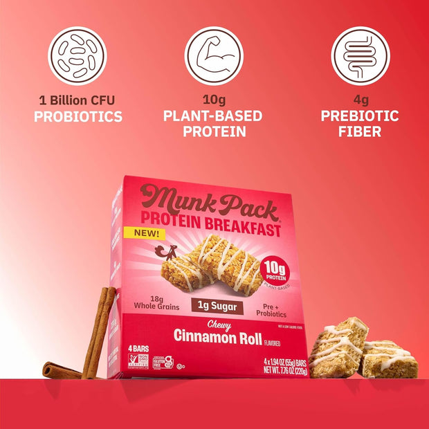 Munk Pack Cinnamon Roll Probiotic Protein Bars Stocking Stuffers | 10g Plant Protein, 1g Sugar, 6g Fiber | Diabetic-Friendly Ideal Breakfast Bars - On-the-Go Snacks, Gluten-Free, Non-GMO | 12 Count