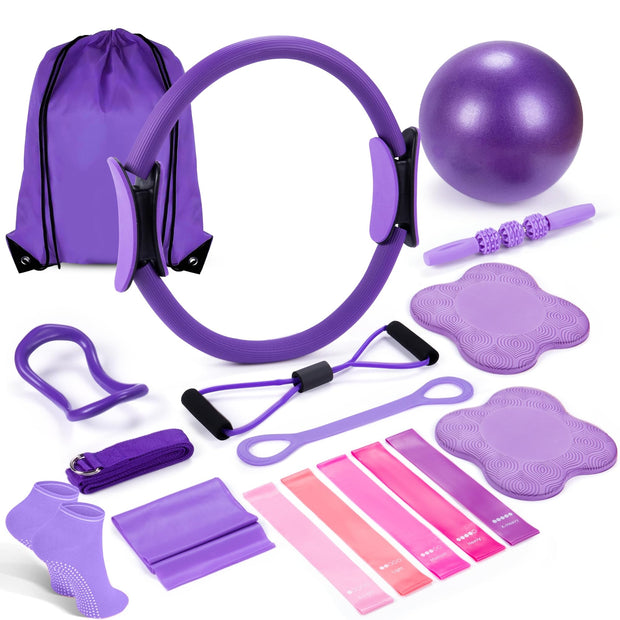 Pilates Ring Circle Fitness Set 17 pcs Equipment Accessories Workouts Includes Pilates Ball Magic Circle Yoga Ring Knee Pads and Resistance Bands for Women Set Gift for Women Weight Loss
