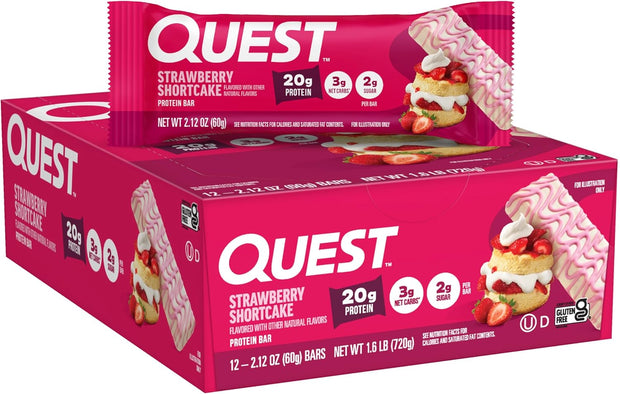 Quest Nutrition Protein Bars, Strawberry Shortcake, 20g Protein, 2g Sugar, 3g Net Carbs, 10g Fiber, Gluten Free, 12 Count
