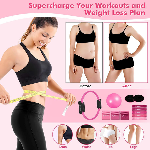 Pilates Ring Set Exercise Equipment with Exercise Bands Resistance Bands Set, Pilates Ball, Sliding Disks – Workout Equipment Home Gym Includes Complete Fitness Poster