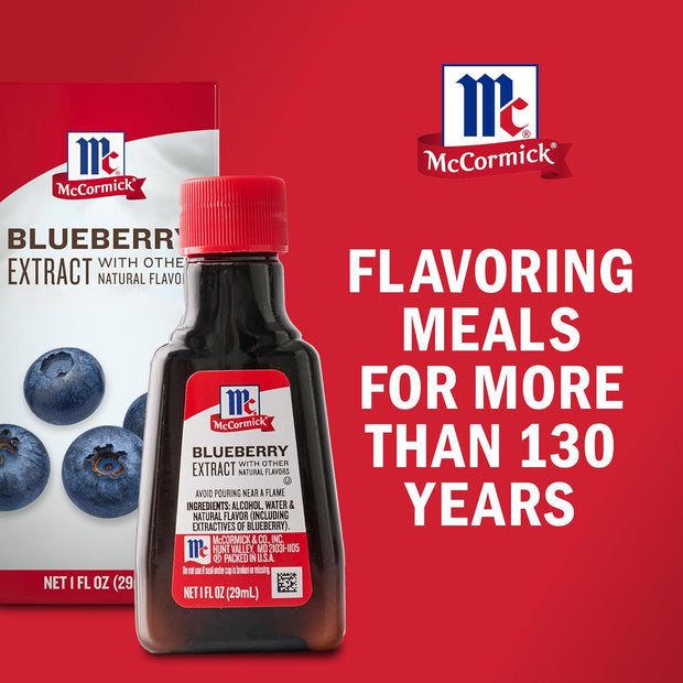 McCormick Blueberry Extract with Other Natural Flavors, Distinctive, Sweet Blueberry Flavor and Aroma for Baking Cookies, Cake, and Muffins, and Beverages Like Lemonade, Mocktails, and Smoothies, 1 fl oz