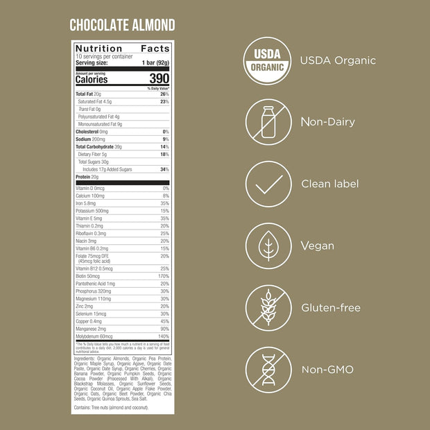 POSSIBLE Meal Bar - High Protein Energy Bars with 20g of Organic Plant-Based Protein - Vegan, Gluten-Free, Non-Dairy - USDA Organic - Clean Label - 1 Box, 10 Bars - Chocolate Almond