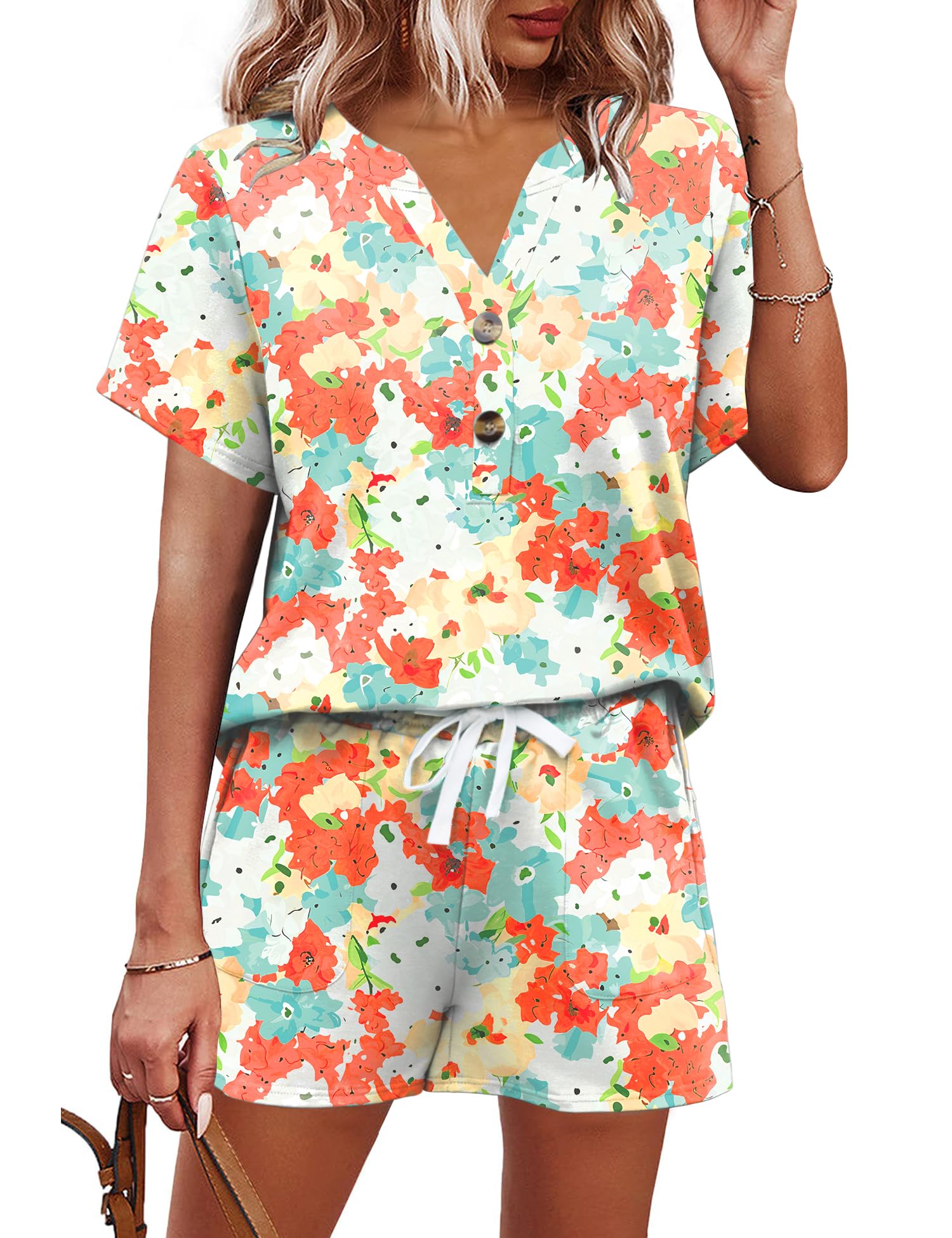 AKEWEI Womens Two Piece Outfits Summer Lounge Sets Tracksuit V Neck Buttons Down Tops and Shorts Set with Pockets