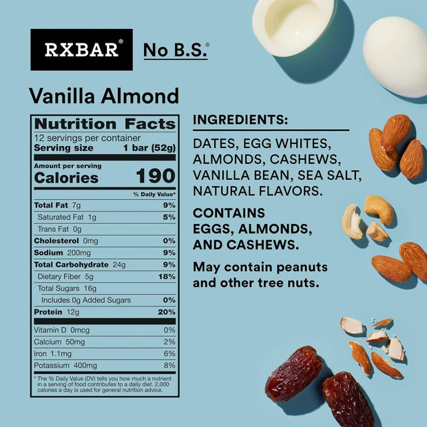 RXBAR Protein Bars, Protein Snack, Snack Bars, Vanilla Almond, 22oz Box (12 Count)