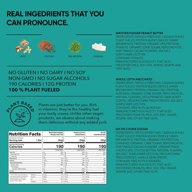 TRUBAR Vegan Protein Bar Variety Pack, Assorted Flavors, Peanut Butter, Macchiato, Cookie Dough, Gluten Free, Vegan Protein Snacks, 12G Plant-Based Protein, High Fiber, Healthy Protein Bars, 12 CT