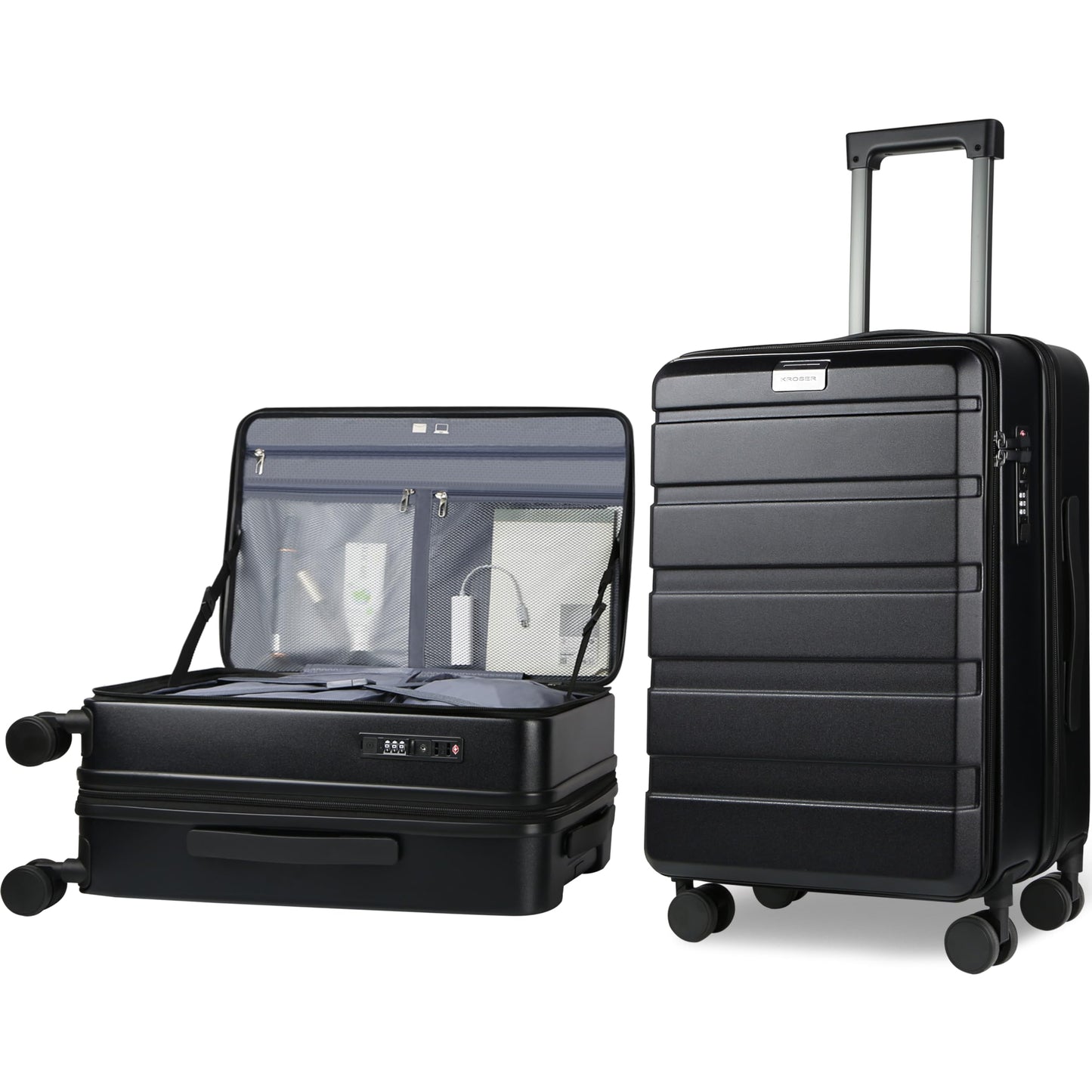 KROSER Carry On Luggage with Spinner Wheels & Built-in TSA Lock, Expandable Top Loading Hard Shell Suitcase Large Capacity Durable Rolling Luggage with USB Port, Carry-On 20-Inch, Dark Green